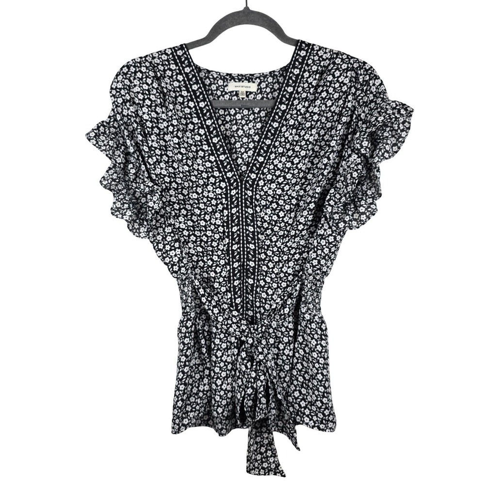 Max Studio Blouse Women Medium Black White Floral Ruffle Sleeve Cottagecore